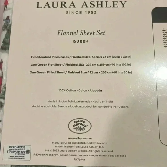 Laura Ashley Flannel Sheet Set Holiday Christmas Village Cottage Queen Size - Picture 5 of 9